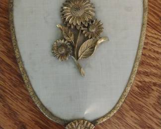 Vintage Gold Tone Hand Held Vanity Mirror with Floral Applique and Tassel third image