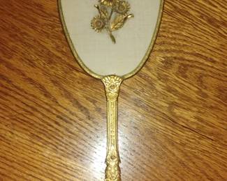 Vintage Gold Tone Hand Held Vanity Mirror with Floral Applique and Tassel