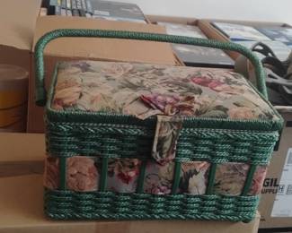 Vintage Floral Tapestry Woven Sewing Basket with Handle