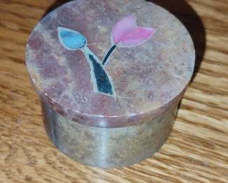 Vintage Soapstone Trinket Box with Mother of Pearl Floral Inlay