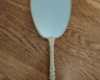 Vintage Gold Tone Hand Held Vanity Mirror with Floral Applique and Tassel second image