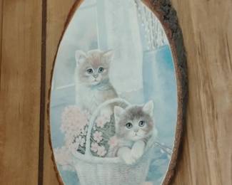 Vintage Kittens in Basket Wood Slice Plaque