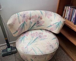 Vintage Floral Upholstered Barrel Back Swivel Chair
