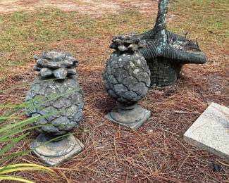 Concrete pineapples, and basket planter (old)