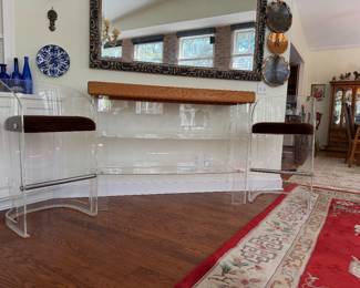 Vintage Mid Century Modern Lucite and Oak Wood Butcher Block Liquor Bar with 2 Lucite & chrome padded bar stools