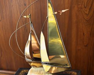 vintage mid-century brass and copper dual-sailboat sculpture