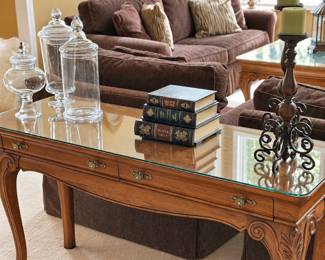 4 piece French Country-style wooden coffee table, sofa table, end tables