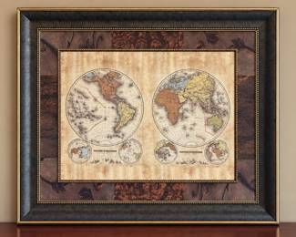 framed vintage-style double hemisphere world map wall art piece