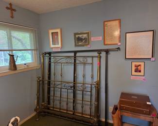 Vintage brass bed, artwork, Silver utensil case, and magazine rack/table