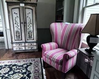 paint decorated chifforobe, barrel back wing chair
