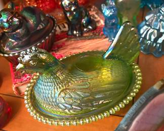Carnival glass hen on nest covered dish 