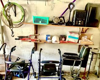 Hodge podge assortment of mobility aides, vacuums, bolt cutter, manual hedge trimmer and more.