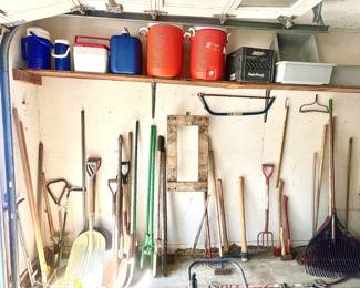 Coolers and yard tools.