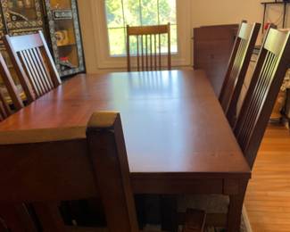 Wood table, 6 chairs with 2 arm chairs, 42”x66” with 2 leaflets