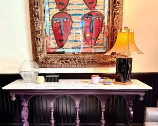 #34 - $365 -Vintage 1960's marble top console 72Wx23Dx32H eggplant painted.