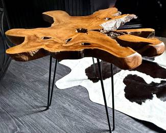 #31- $115 - Live Edge teak side table on metal legs 33x31x24