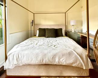 #19 - $650- King bed bronze four poster with plush almond headboard with or without mattress