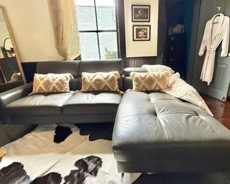 #33 - $400 - Leather top charcoal grey leatherette base 2 pieces- 63Wx21D29H & Lounge 63Wx37Dx18T