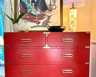 #24 - $240 -Coral chest drawer brass campaign style 5 drawers 50Wx19Dx43
