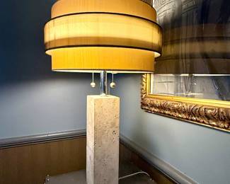 #14 - $140 - 1970's stone lamp with circular shade 26Hx16W