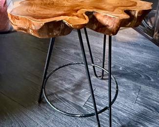 #32 - $50 -Live Edge teak side table on metal legs 17x13x18