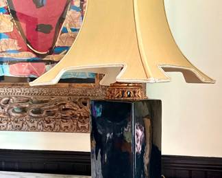 #35 - $68 - Asian Pagoda style black pottery lamp 29Tx21shade
