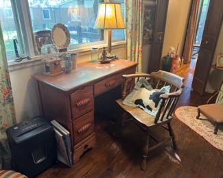 Vintage desk. Love the cow pillow!
