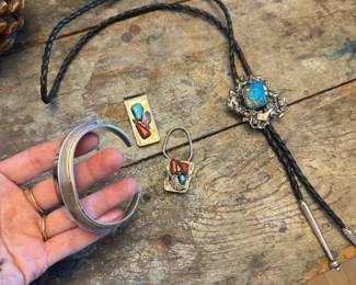 Last chance on Native American Zuni sterling silver and inlay men's bracelet cuff ($480) and Native American sterling silver and turquoise and leather bolo tie, artist signed ($360)