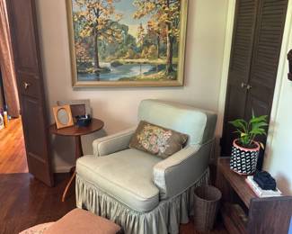 Charming and impressive curated art collection you could only find at an estate sale! Collection of vintage "paint-by-numbers" of birds, geese, wildlife, etc. This is the largest paint-by-number here. Beautiful! Vintage chair is wearing a slipcover! 