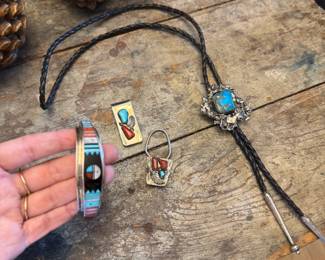 Last chance on Native American Zuni sterling silver and inlay men's bracelet cuff ($480) and Native American sterling silver and turquoise and leather bolo tie, artist signed ($360). Artist signed pieces! Also a matching set of Native American sterling silver money clip and matching key ring