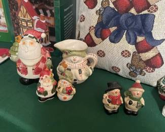 Santa Sugar/Creamer, salt/pepper; Snowmen s/p and Candy Cane pillow