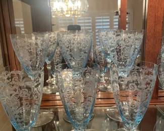 Vintage - Fostoria Glasses "Versailles" - Azure/Moonlight Blue Pattern (etched on the Fairfax blank). Wine (12) , Water (7), Champagne (6) Glasses.