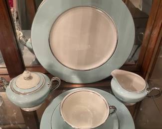 Castleton China - 'Turquoise" - Made in USA. 8 - 4 pc place settings plus Sugar & Creamer. Will sell as set or or 2 - 4 pc place settings + extras