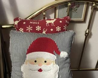 Santa/Holiday pillows. Brass Headboard & Frame