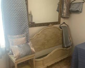 Beautiful Vintage quilted spread and matching pieces. Quilted spread, 2 pillow cases, 2 shams, 2 decorative pillows, bed skirt (not pictured) and a throw. Only piece has 2 small stains? Not even sure they are stains.