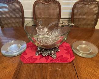Pittman-Pierce Punch Bowl set. Punch bowl on pedestal, Ladle (plastic) w/ matching stand design, 10 cups & Plates