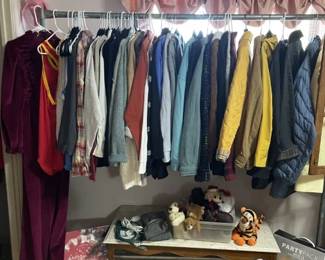 Women's clothes....jackets, long sleeve sweaters, knits, house coat. Marble top coffee table
