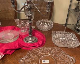 Candlestick, 3 arm silverplate, glass serving pieces