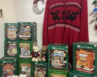 Holiday Sweater (size xl); Christmas Village Houses & misc