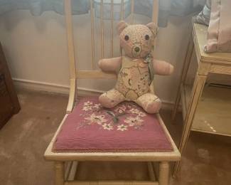 Rocking Chair, Needle point seat; quilted teddy