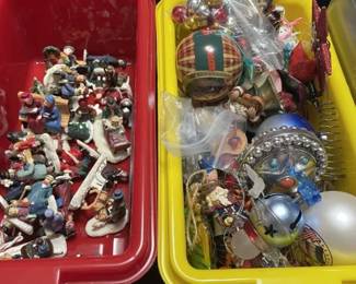 Village people in red bin, misc ornaments in yellow bin