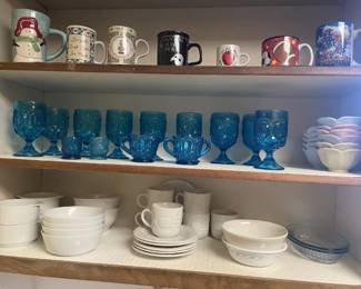 Mosser Glass - Vintage Blue - 'Moon & Stars'; misc bowls, tulip bowls, cup & saucer set, coffee cups