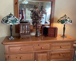 Pine Dresser, Tiffany Lamps, Jewelry Boxes
