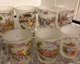 1950's Currier & Ives Frosted Glass Set Tumblers