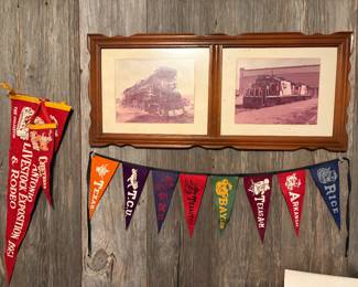 8-Vintage 1960's Southwest Conference mini Felt Pennants, 1951 San Antonio Livestock Expo Pennant & Vintage framed train prints