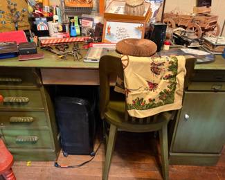 Wonderful Green Wooden Vintage Desk with matching chair