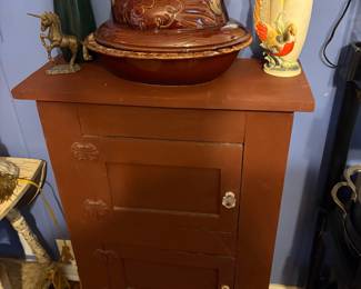 Vintage Wooden Cabinet with two doors, Brown Drip Hull Hen on Nest Oven Proof Stoneware