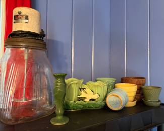 Antique electric Butterchurn, McCoy, pottery and planters