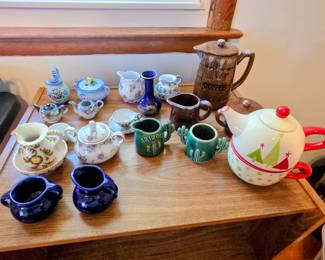 Cream & Sugar sets, teapot & hand-painted coffee carafe with matching sugar and creamer