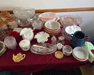 Fenton Hobnail Milk Glass, vintage Pyrex mixing bowls, vintage Pink Depression Glass, Crystal Punchbowl and other serving pieces